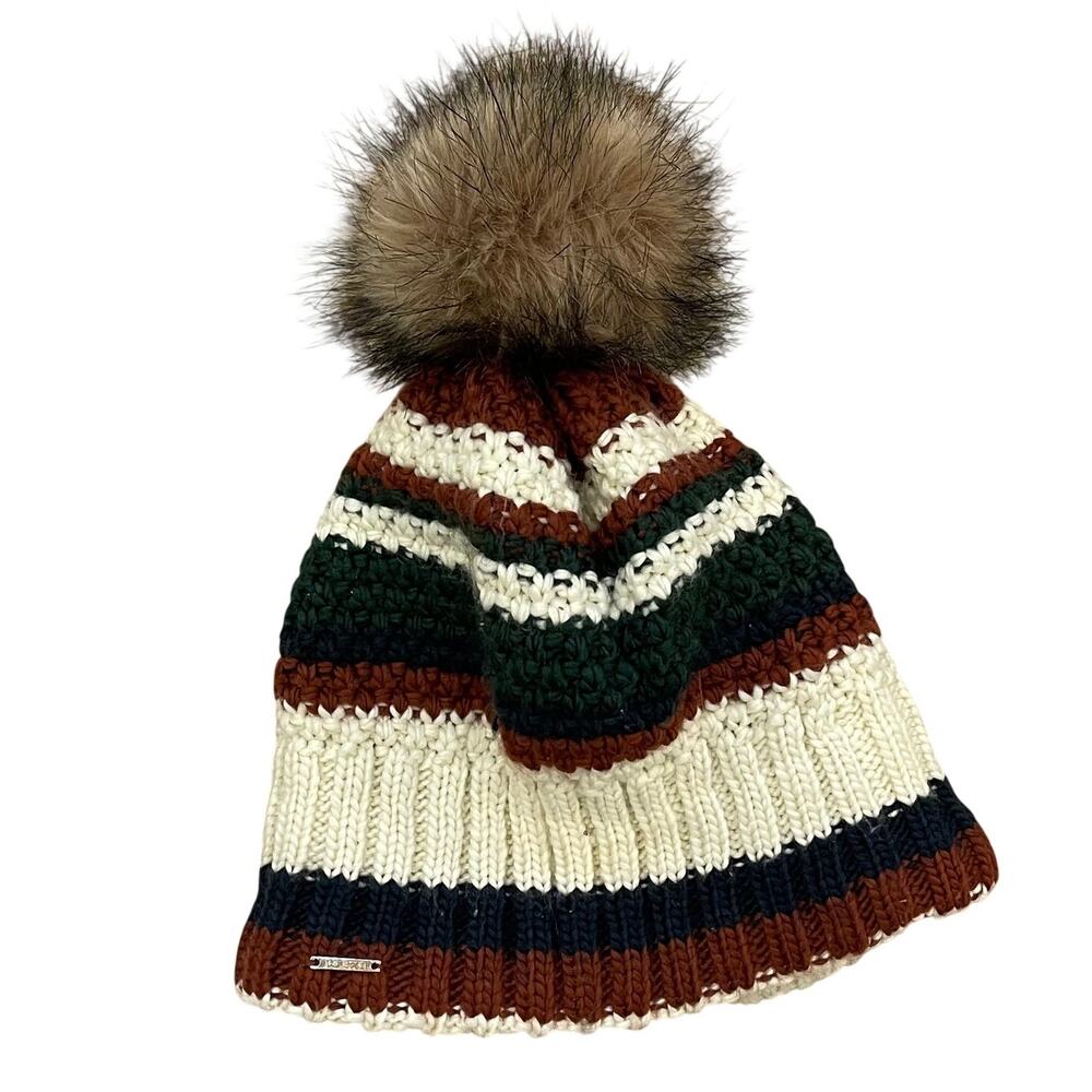 LL Bean Striped Beanie with Faux Fur Pom Pom, Ribbed, Fleece Lined, OS, Unisex